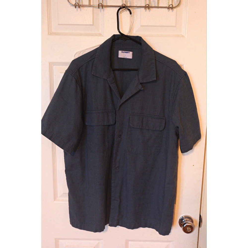 Old Navy Men's L Blue Solid Woven Short Sleeve Spread Collar Button-Up Pockets